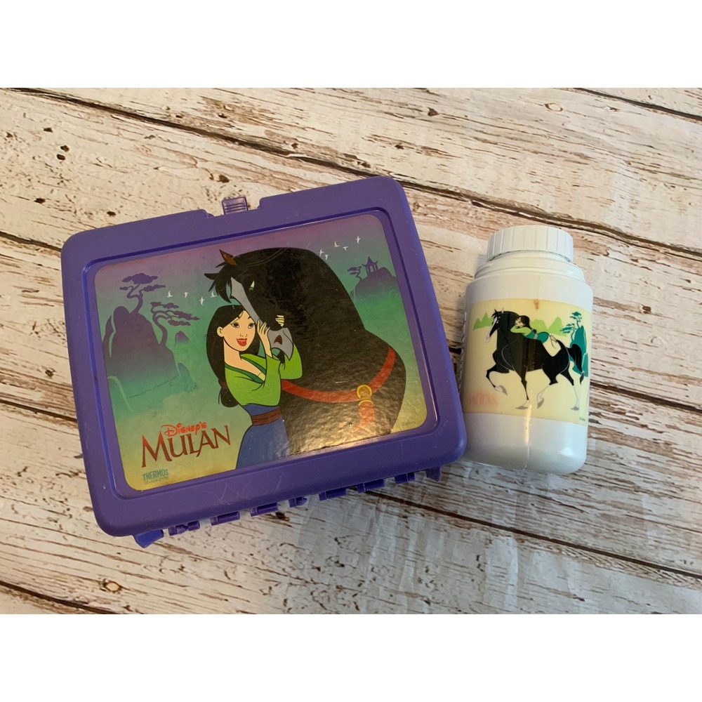 Vintage Disney Mulan Lunch Box with Thermos Purple Plastic Khan Horse 1998 Retro